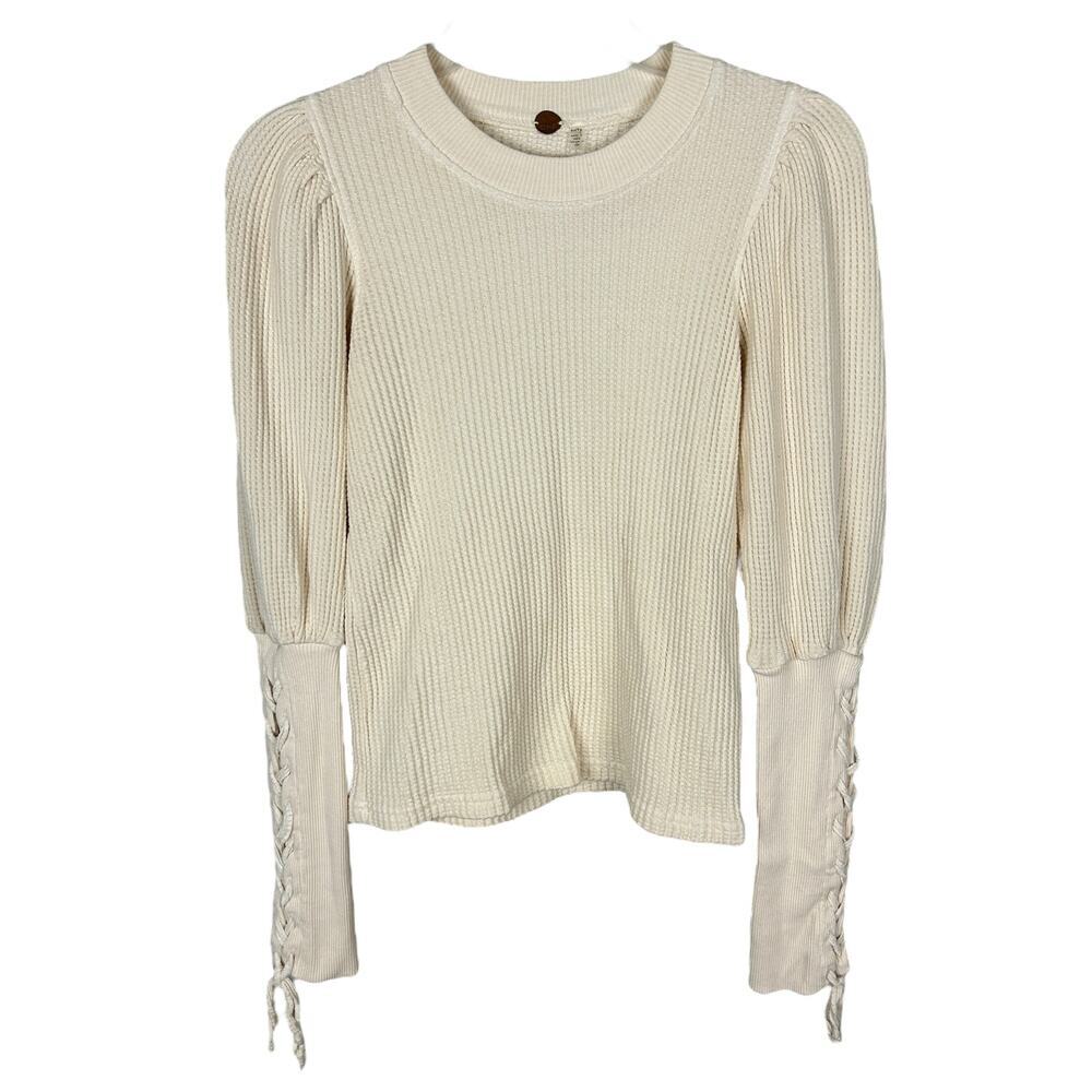 Free People One Cream Long Sleeve Puff Shoulder Minimalist Lace Cuff Thermal XS
